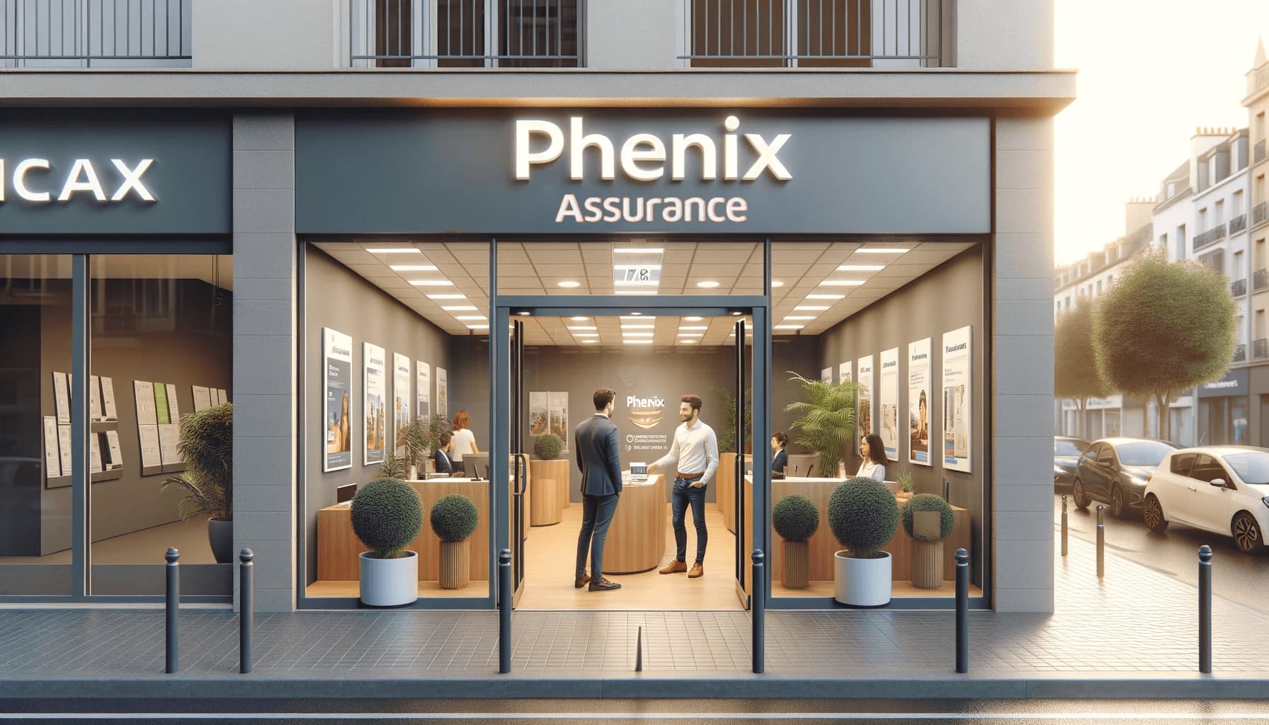 Une agence "Phenix Assurance" située en ville, avec une façade moderne et une grande entrée vitrée. Deux hommes discutent devant la porte, tandis qu'à l'intérieur, des employés travaillent derrière des bureaux et des affiches promotionnelles liées à diverses offres d'assurance sont visibles. L'agence pourrait être un lieu où les artisans viennent pour s'informer ou souscrire à une assurance décennale.