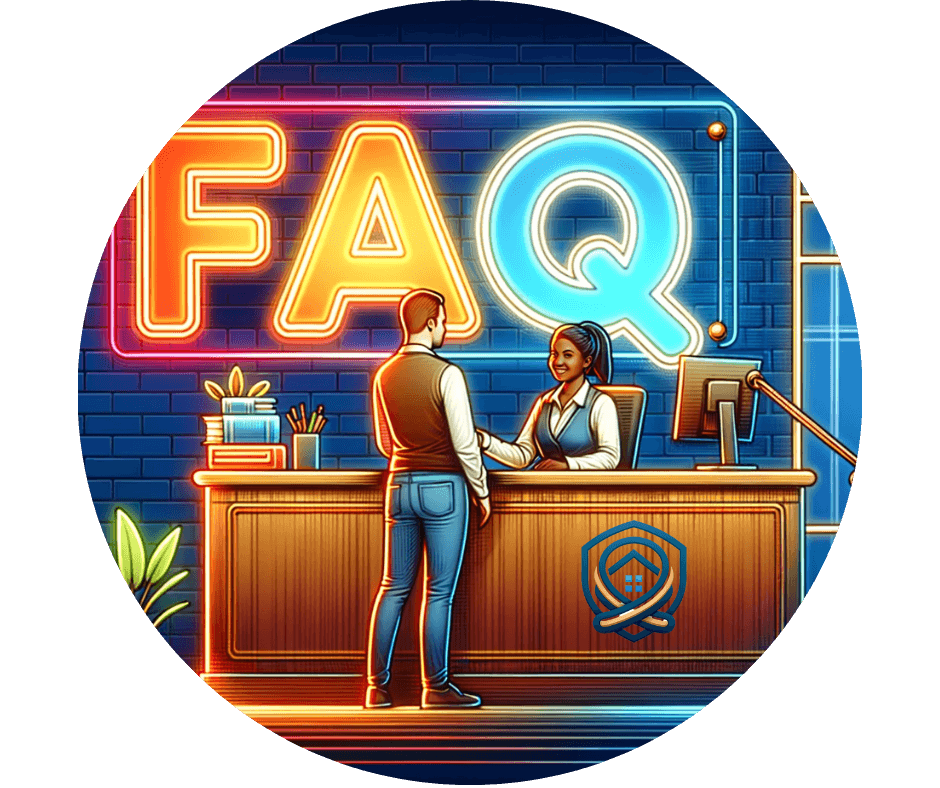 Une illustration lumineuse représentant un guichet d'informations avec un grand néon "FAQ" en arrière-plan. Un client interagit avec une employée souriante, symbolisant la recherche de réponses concernant l'assurance décennale pour artisans. L'emblème en bas de l'image suggère une garantie ou une protection offerte par cette assurance.