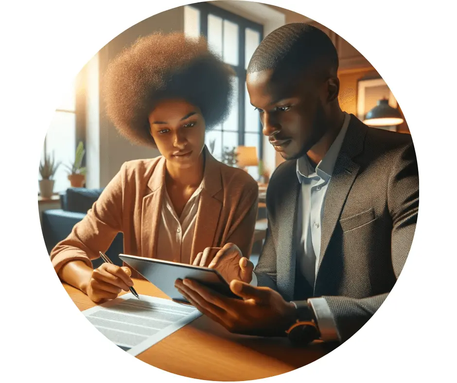 Deux professionnels, une femme avec une grande afro et un homme en costume, sont assis côte à côte dans un bureau lumineux. Ils examinent attentivement un document ensemble, la femme prenant des notes pendant que l'homme tient une tablette électronique. Leur collaboration et concentration suggèrent qu'ils sont en train de discuter ou de réviser des détails importants, possiblement liés à une assurance décennale pour artisans.